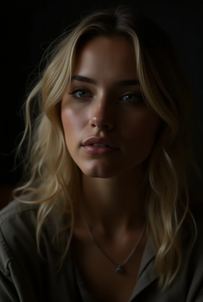 A blonde Brazilian woman (close-up, editorial photograph of a 20-year-old woman from the 1940s), ( highly detailed face :1.4) (smile:0.7) ( Background inside the dark  ,  melancholic nocturnal , private study:1.3) throw, por lee jeffries, Nikon D850: Nikon...