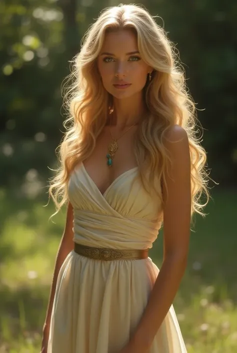 Tall blonde woman with curly hair 
Normal chest 
