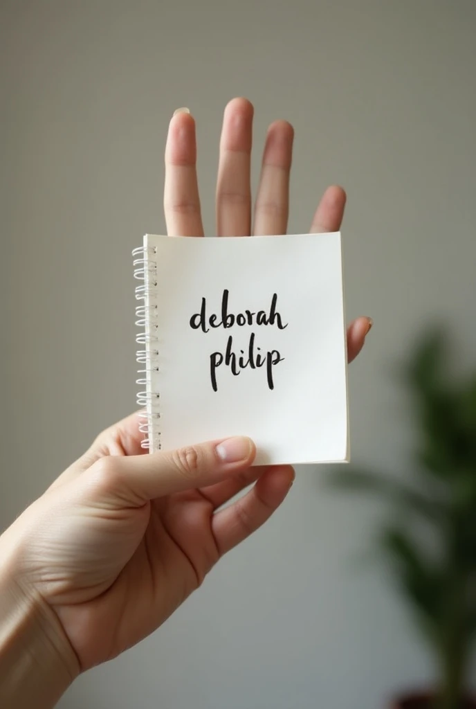 A photo of a hand up in a position of waving and folding his hand but holding up a piece of a real notebook paper. The paper has the text "Deborah Philip" written with pen and his hand should be up of the paper