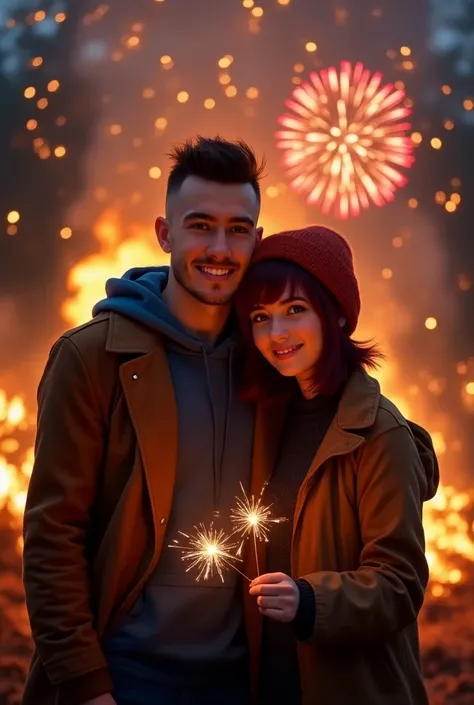 Top quality, ultra high definition, (photorealustic:1.4), raw photo, 1 man, 1 woman, smiling, shaven, short buzzcut hair, blue hoodie, brown coat, jeans, blue beanie hat, young woman, short dark red dishevelled hair with burgundy highlights, red beanie, bl...