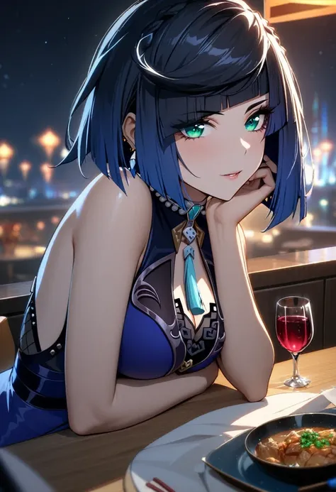 1girl,solo,((yelan from genshin impact)),girlfriend,intimate close up,bedazzling emerald eyes looking at you,intense gaze,flirty,,eyelashes,eyebrows,sleeveless,dark blue dress,nighttime,date night,wine glass,chinese restaurant,casual pose,cinematic lightin...