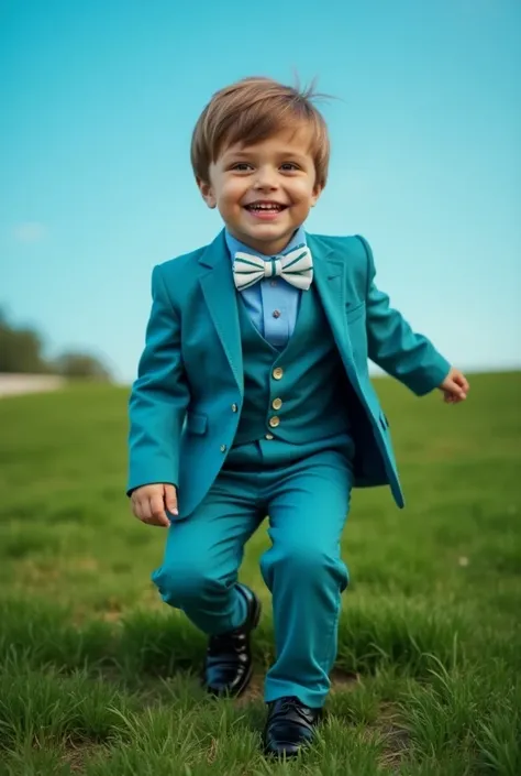 Photograph of a seven-year-old boy,      climbing up and wearing very elegant black patent leather shoes      , Going up the stairs he smiles a lot, very elegant and handsome.    ,    on the green grass floor, the blue sky. , brown blonde hair, brown eyes ...