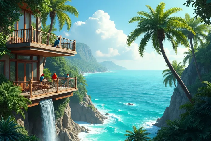 Superbe balcon, vue sur mer, cascade, eau turquoise, perruches, cycas.