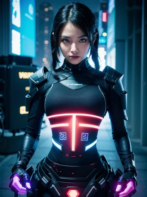 super professional and highly detailed photorealistic picture of a gorgeous female cyber hacker in a futuristic cyberpunk city. She has shoulder-length blue-black hair with bright, glowing neon-blue highlights. Her eyes are sharp and expressive. She blends...