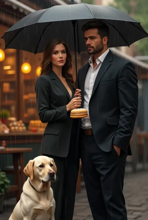 Ceo muscular lawyer with beautiful pastry woman under an umbrella raining Labrador dog in front of pastry shop