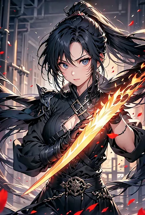 cool、woman、Muscular、Black Hair、 ponytail、Countless swords float behind、Holding a sword、Shining Sword