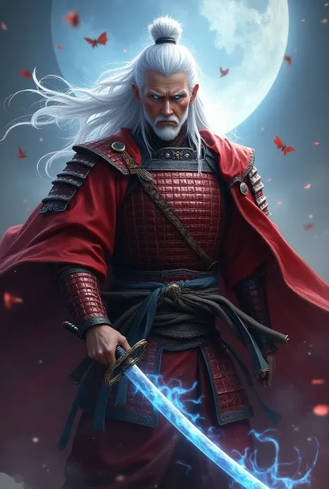 ( ,4K,8k,   High resolution   ,masterpiece:1.2),super detailed,  Whole body,  Mature man, stubble, a divine samurai ,  a spirit coming out of his sword,  white-haired, blue eyes, red armor