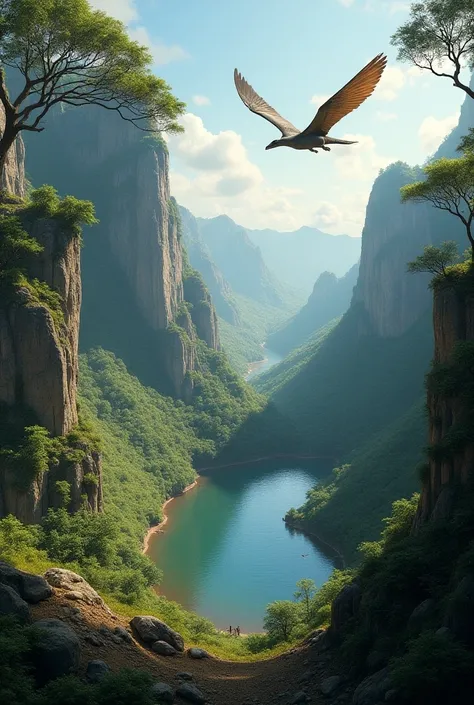 A place with tall trees ,  holes in the ground , big rocks, pterodactyls  ( flying dinosaur ) flying,  a large circular lake in the center, seen from above 