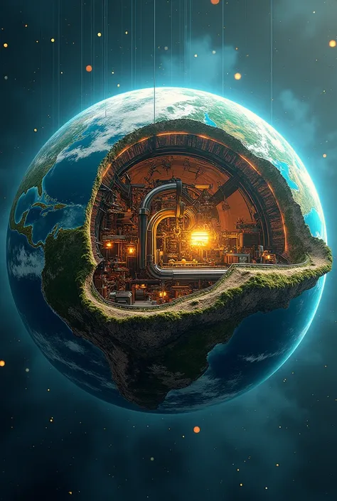 A detailed cross-section of the mechanical planet Earth. All mechanical parts, water, temperature, and seasons are all managed by AI.