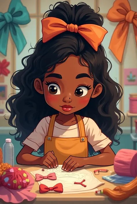 A cartoon image of a dark-skinned girl ,  with a mole on the left side of her face near her nose and with long curly hair, surrounded by ribbon and working making bows 