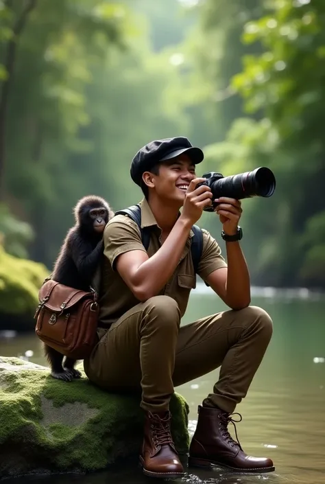 Cool photography style, mountain shades , A young and handsome Sundanese man ,wearing a black flatcap, wearing a brown safari suit,brown cargo pants,brown boots, carrying a Cartier bag ,sitting on a green rock ,on a clear riverbank ,holding a long telephot...