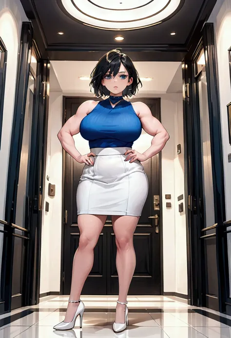 (((ground level shot))), (((low angle shot))), ((full body shot)), standing in the entryway, ((arms crossed)), huge breasts, hourglass figure, curvy, (((blue top))), sleeveless ribbed top, ((white skirt)), (mini skirt), (((white heels))), (((6 inch high he...