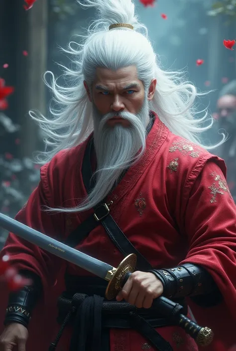 ( ,4K,8k,   High resolution   ,masterpiece:1.2),super detailed,  Whole body, man, stubble, a divine samurai ,  a spirit coming out of his sword, long white hair, blue eyes, red armor