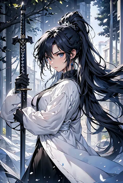 cool、Tall、woman、Muscular、Black Hair、 ponytail、background、 lots of swords float in the air、Holding a sword、Shining Sword、Wear a white cloak 