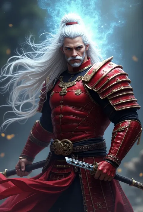 ( ,4K,8k,   High resolution   ,masterpiece:1.2),super detailed,  full body whole, man, stubble, a divine samurai ,  a spirit coming out of his sword, long white hair, blue eyes, red armor