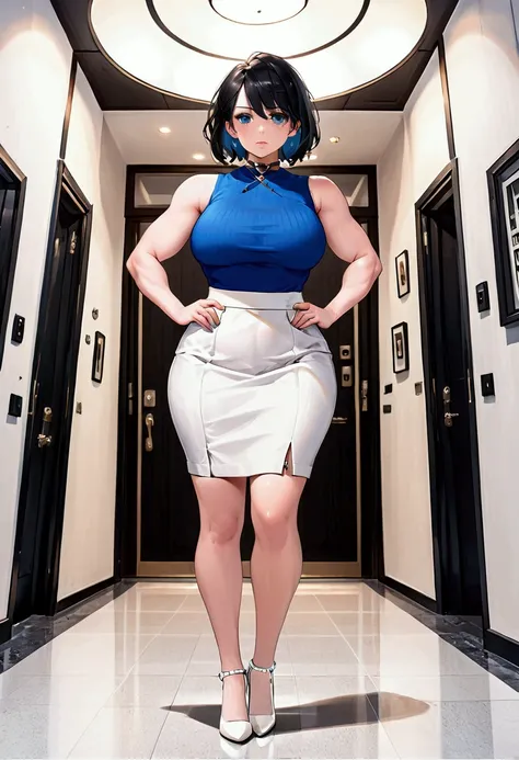 (((ground level shot))), (((low angle shot))), ((full body shot)), standing in the entryway, ((arms crossed)), huge breasts, hourglass figure, curvy, (((blue top))), sleeveless ribbed top, ((white skirt)), (mini skirt), (((white heels))), (((6 inch high he...