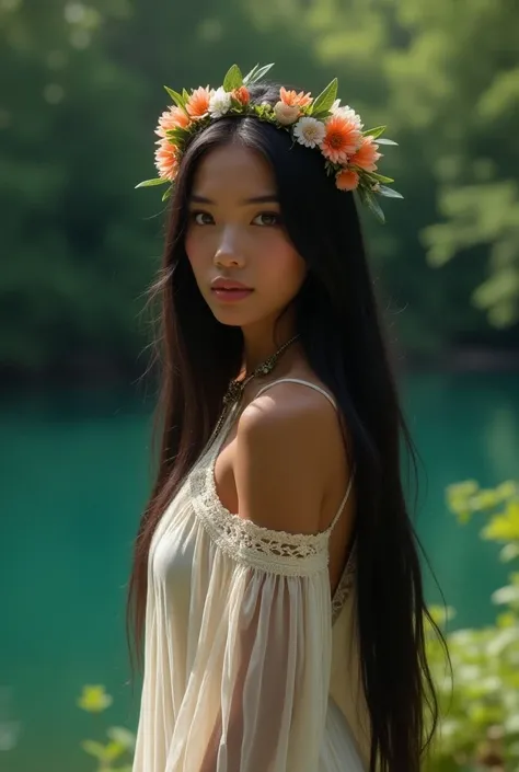  Beautiful girl with long hair, straight and jet black, pale skin,  topaz blue eyes , wearing a dress like the one from Pocahondas by indiginea and a wreath of flowers on her head, And very pretty , And this standing standing in the woods ,  near a lake y ...