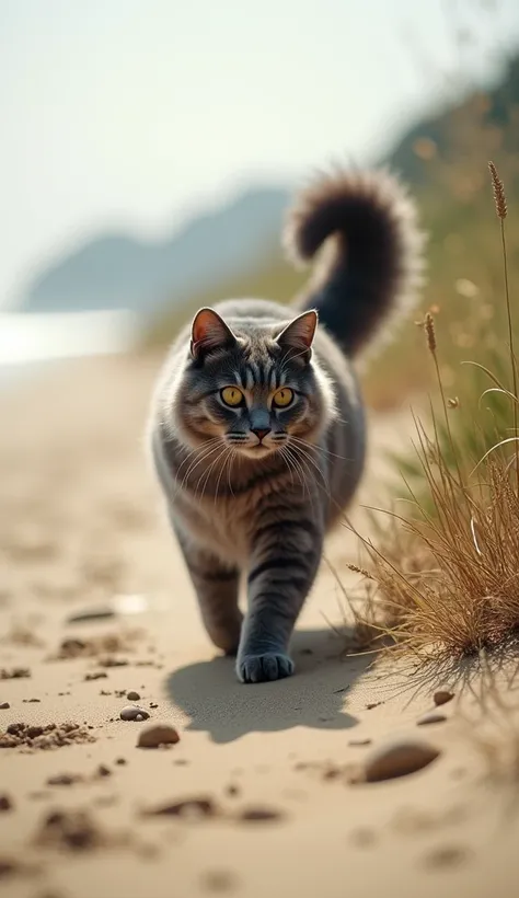 2.	Walking Towards the Shore
As the Chartreux cat steps onto the sandy path leading to the beach, the cool morning breeze rustles through its incredibly thick fur. Each tuft of fur moves with a life of its own, catching the light, giving the cat an almost ...