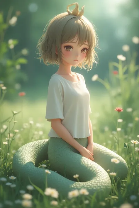 One girl, Lamia, scale, White shirt, whole body, Outdoor,Not too long a tail, anime girl