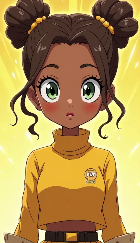 (Close up), (Close up from top of head to bottom of thigh) ((Karen from DC Super Hero Girls 2019)), Karen is a short, skinny, light brown-skinned teenage black girl with sage-green eyes, maroon-brown lips and long, curly, dark brown hair with honey-blonde ...