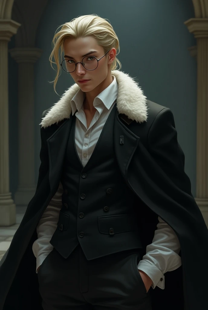   A man in his 20s with long light blond hair tied behind,   but with some threads escaping the tie  ;   greenish eyes  , but almost white  ; round glasses ; Stronghold ;   muscles not very apparent;   thick black cape with white fur around the collar ;   ...