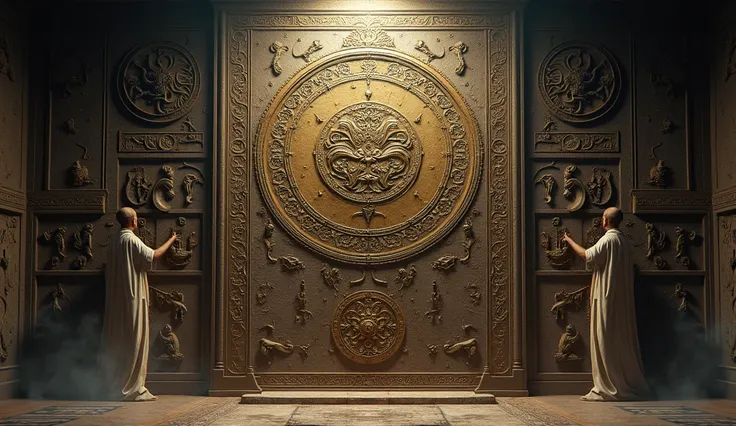 Create an image with various ancient symbols and idols on a wall 