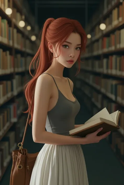 Young woman European features,  long reddish hair styled in a ponytail and green eyes , fair skin and pink lips ,  wearing a gray tank top and a long loose white skirt,  a bag hanging over her shoulder ,  is in a modern library reading a book , Dim backlig...