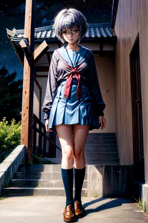 (masterpiece),(best quality),  yuki, blue skirt, glasses, kneehighs, serafuku, summer uniform, stairs, temple, mountain, forest,...