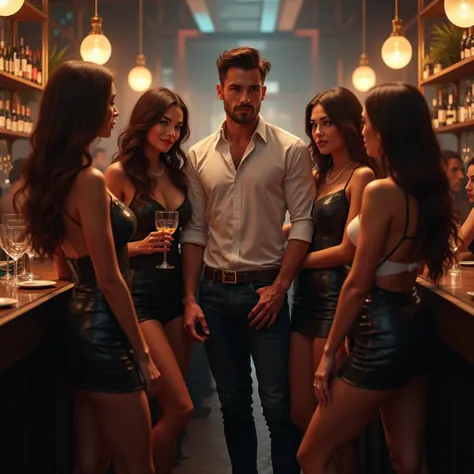 a very attractive man is admired by several women in a crowded cocktail bar, dressed in casual clothes