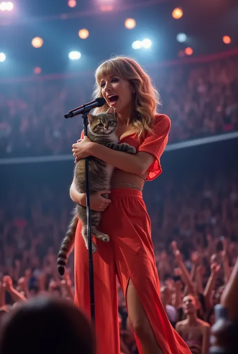 Taylor Swift grabs the cat and starts singing at the concert