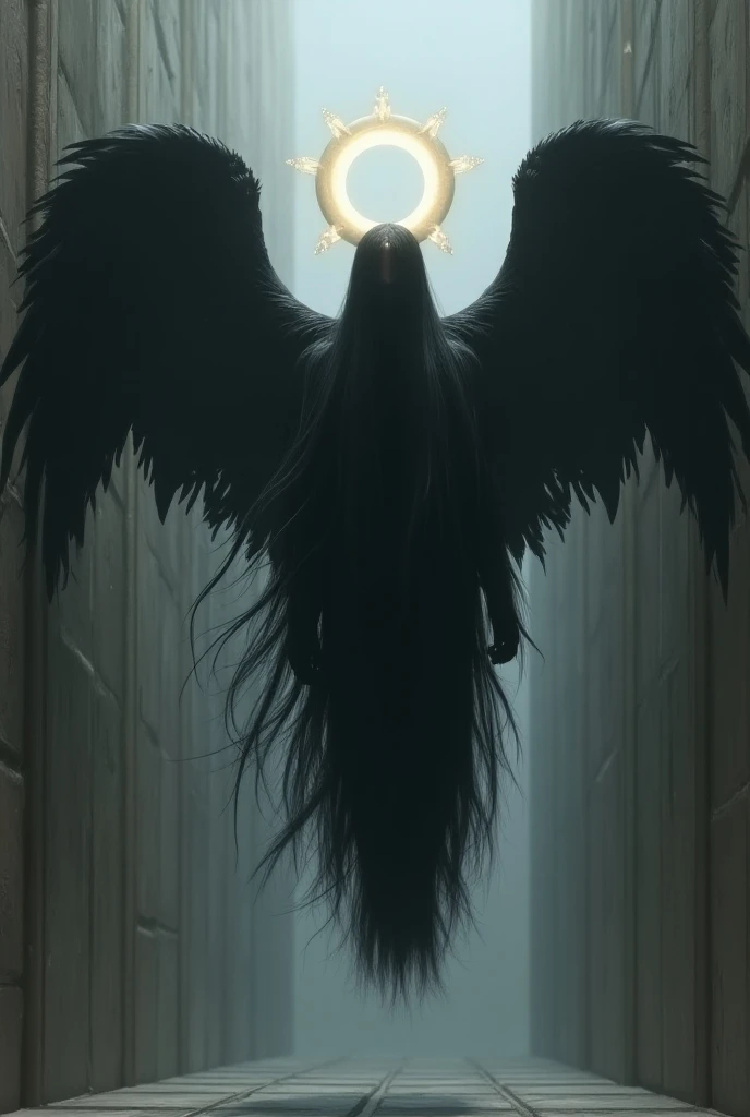 A male being with wings and a halo has long black hair that covers his face against a background of walls
 levitating

