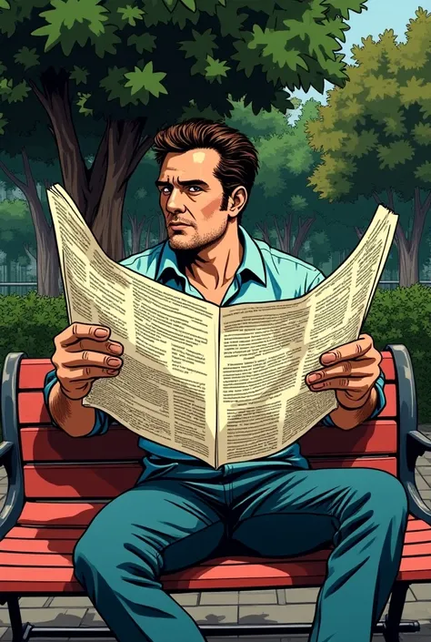 A drawing of a man reading a newspaper sitting in a park, 80s comic style, Steve Ditko