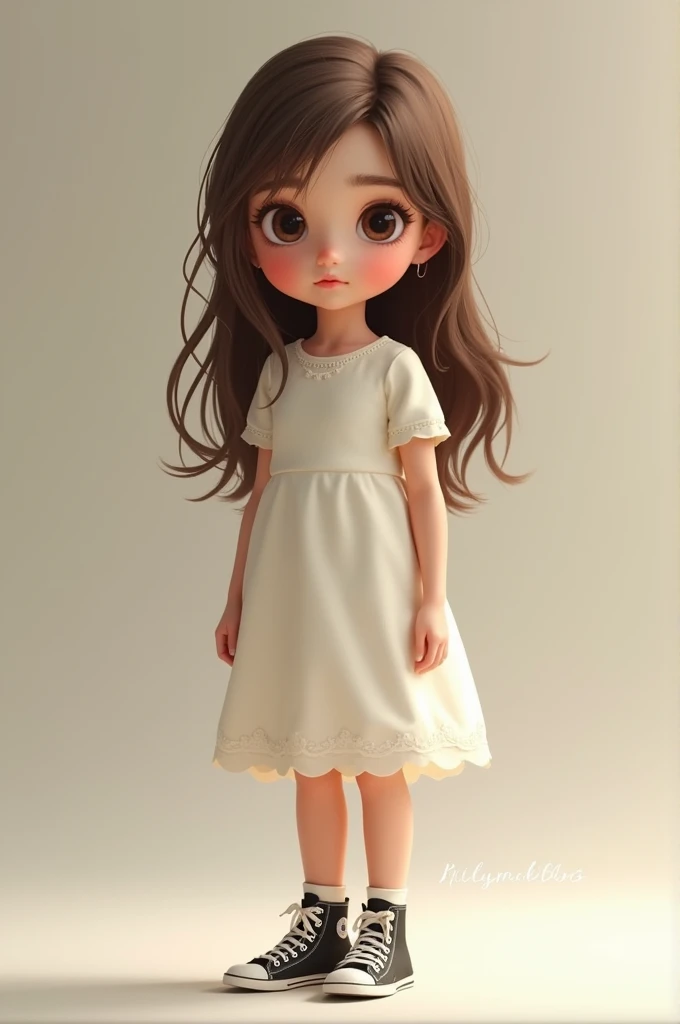  girl, big brown eyes, long brown hair, white knee-length dress , short sleeves,  Converse type sneakers all stars booties