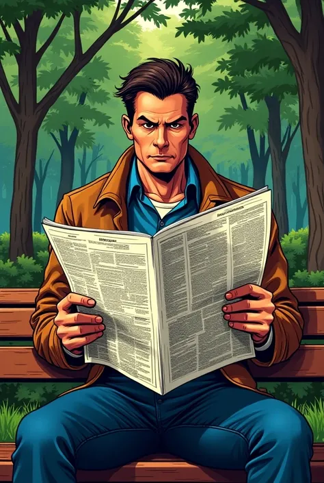 a man reading newspaper in a park, 80s comic book style, Steve Ditko, detailed face and expression, newspaper in hands, park bench, trees, vintage comics, bold colors, crisp lines, dynamic composition, retro vibes, masterpiece, (best quality,4k,8k,highres,...