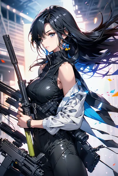 cool、Tall、woman、Muscular、Black Hair、Long Hair、 carry a sniper rifle on your back、Holding a gun in one hand 、bullet effect 