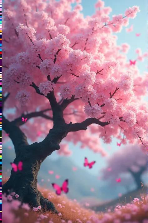 A Japanese cherry tree with multi-colored butterflies