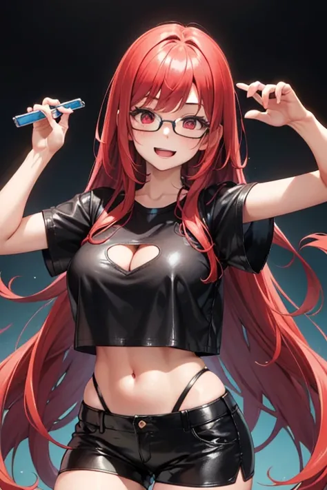  Extremely attractive fifteen-year-old girl , long red hair , big expressive red eyes  , open mouth smiling ,  prescription glasses with black frame  , Black leather shorts , purple shirt open at the front showing the black leather top , Black sandals , Wh...