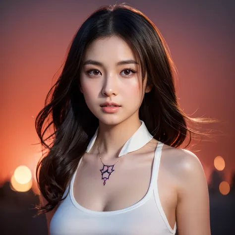  imagines a woman with an unusual beauty ,Glowing Body ,ร่างกายสีแดงอมชมพูสวยงามrealistically,   Asian appearance, but not a folk one. Arabic , , white skin like enamel ,  brown eyes , Thick eyebrows.,  with a gentle and intense look, . with New Traditiona...