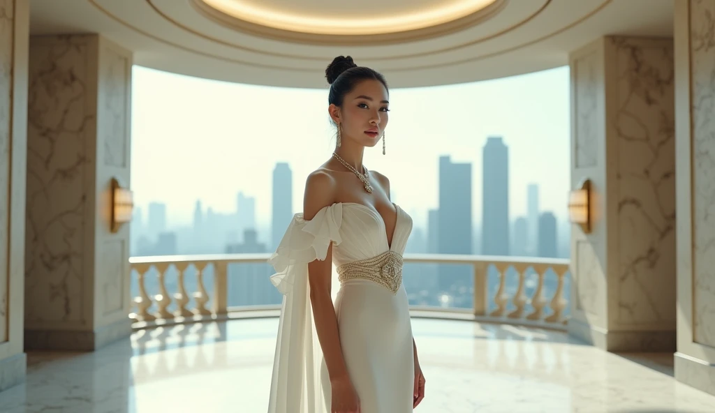 beautiful woman, chic white dress, asian woman, busty, in large room, brutalist deco room, art deco, short cape, delicate jewelry. balcony, skyline, beautiful femme asian woman
