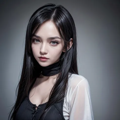 Woman looking like an influencer @alexalizzz (gothic, full lips,  SHORT FRINGE that covers the forehead of the eyebrow)  with a mature appearance, of 26 /27 years old and outlined 