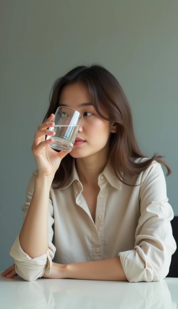 A person sitting at a table, holding a glass of water and taking a thoughtful sip. The background is subtle and clean, with soft lighting. The person looks contemplative, as if thinking about the long history of the water theyre drinking