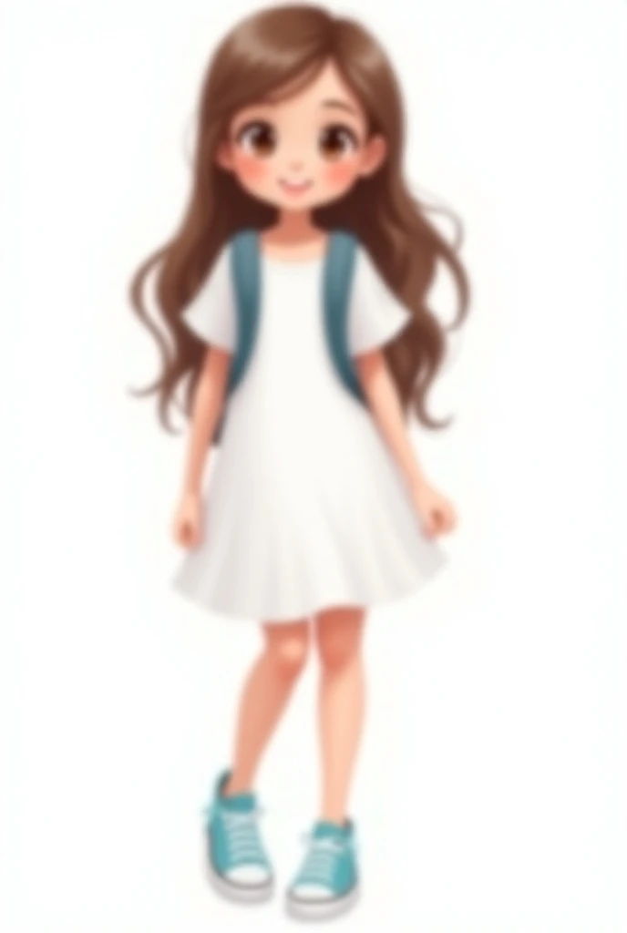 Happy  girl ,modern, big brown eyes, long brown hair,  knee-high white dress , short sleeves,  Converse All Stars sneakers light blue booties. Without backpack or accessories .  The girl most similar to the first drawing you sent .  All the drawing on a wh...