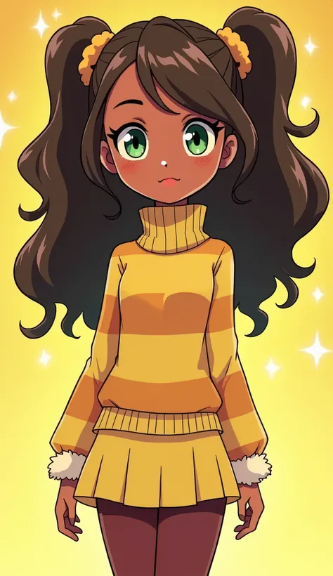 (Close up), (Close up from top of head to bottom of thigh) ((Karen from DC Super Hero Girls 2019)), Karen is a short, skinny, light brown-skinned teenage black girl with sage-green eyes, maroon-brown lips and long, curly, dark brown hair with honey-blonde ...