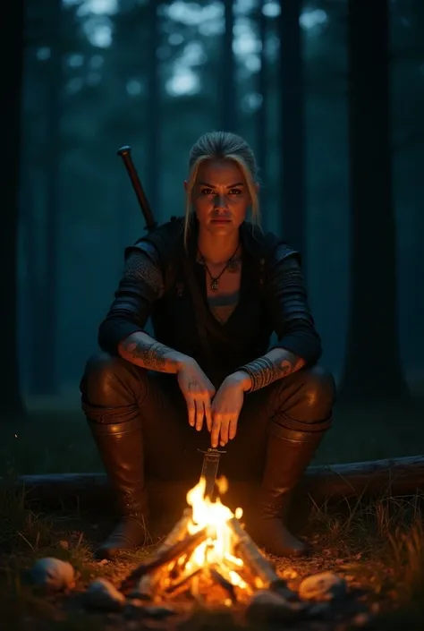  The Witcher Woman , resting in the forest , Night,  near the fire ,  sword lies on the ground 
