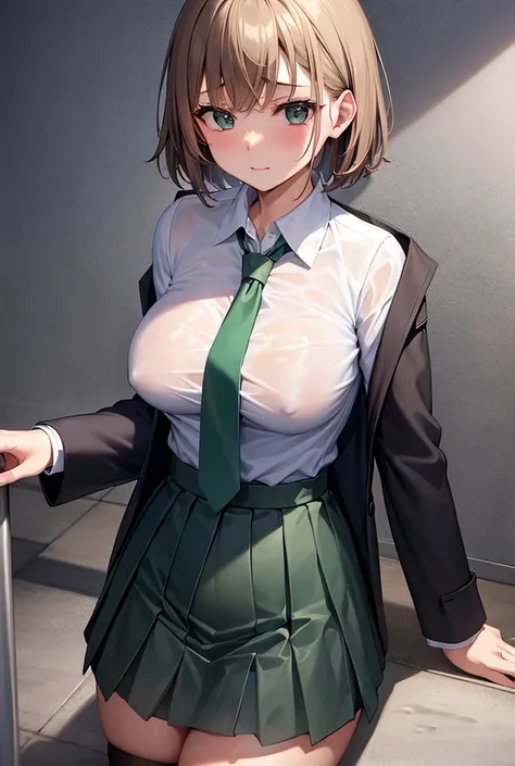 ｛wet blazer and dark green tie｝, transparent , Bondage , cute short haired high school girl wearing wet blazer and dark green tie, ｛｛｛all fours｝｝｝ , see through , ｛｛spread legs｝｝,  plaid pleated skirt ,Panty shot,｛｛｛ big breasts and erect nipples｝｝｝    ,  ...