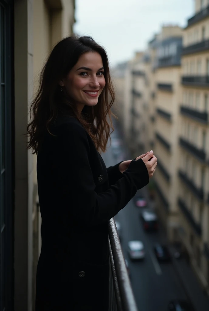 femme jeune, vêtement noir, balcon appartement, Paris France, balcon, cinématique film, chef-dœuvre, meilleure qualité, ( photoréaliste :1.4), ntier, (ascenseur, mur en verre sans cadre, paysage urbain), beauté, crépuscule, detailed face, souriant, talons ...