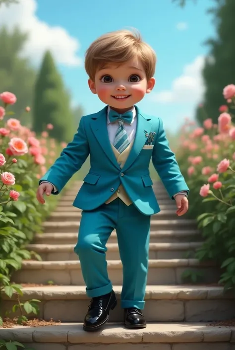 Photograph of a seven-year-old boy,      climbing and wearing very elegant black patent leather shoes       , Going up the stairs she smiles a lot     ,    On the green grass floor to the right of the rose garden, the blue sky. , brown blonde hair, brown e...