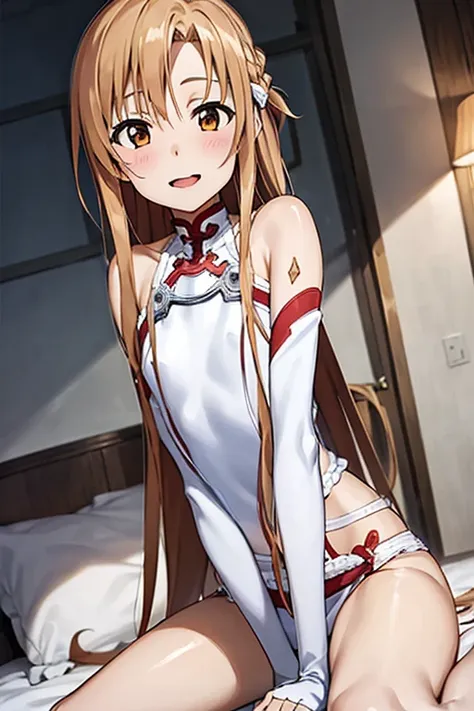 ((best quality)), ((masterpiece)), (be familiar with),  perfect face, indoor, bedroom,  watching viewers,
one woman, yuuki asuna...