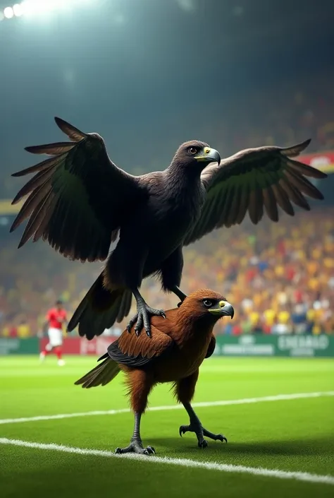 Play a vulture walking on a hawk on a soccer field, Flamengos vulture and Corinthians Hawkeye 