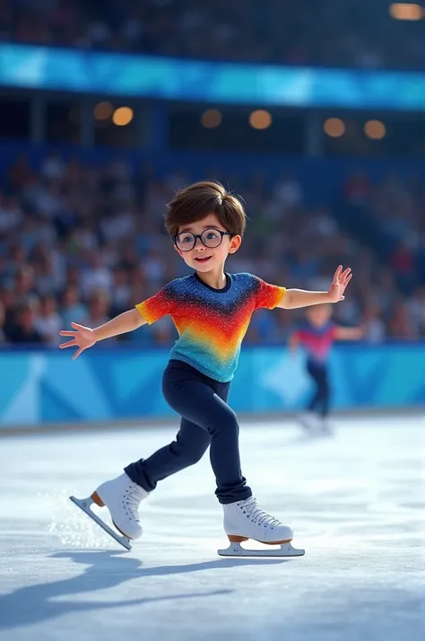 A boy with glasses doing figure skating with a colorful jersey somewhere in the world